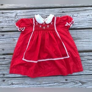 VINTAGE Carrousel 18m Red Hand Smocked Dress Baby Girls 80s Collar Dress